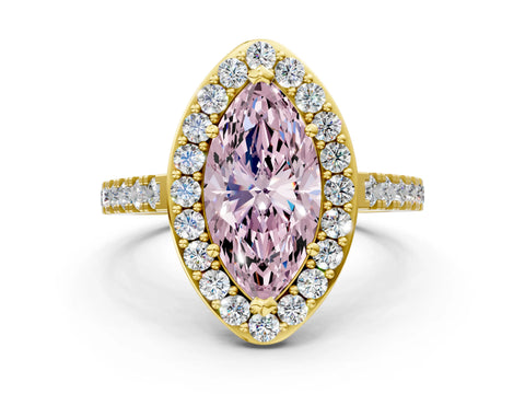 Yellow gold Fancy Pink Marquise Cut Halo Diamond Ring with Pavé Band and Three-Prong Setting