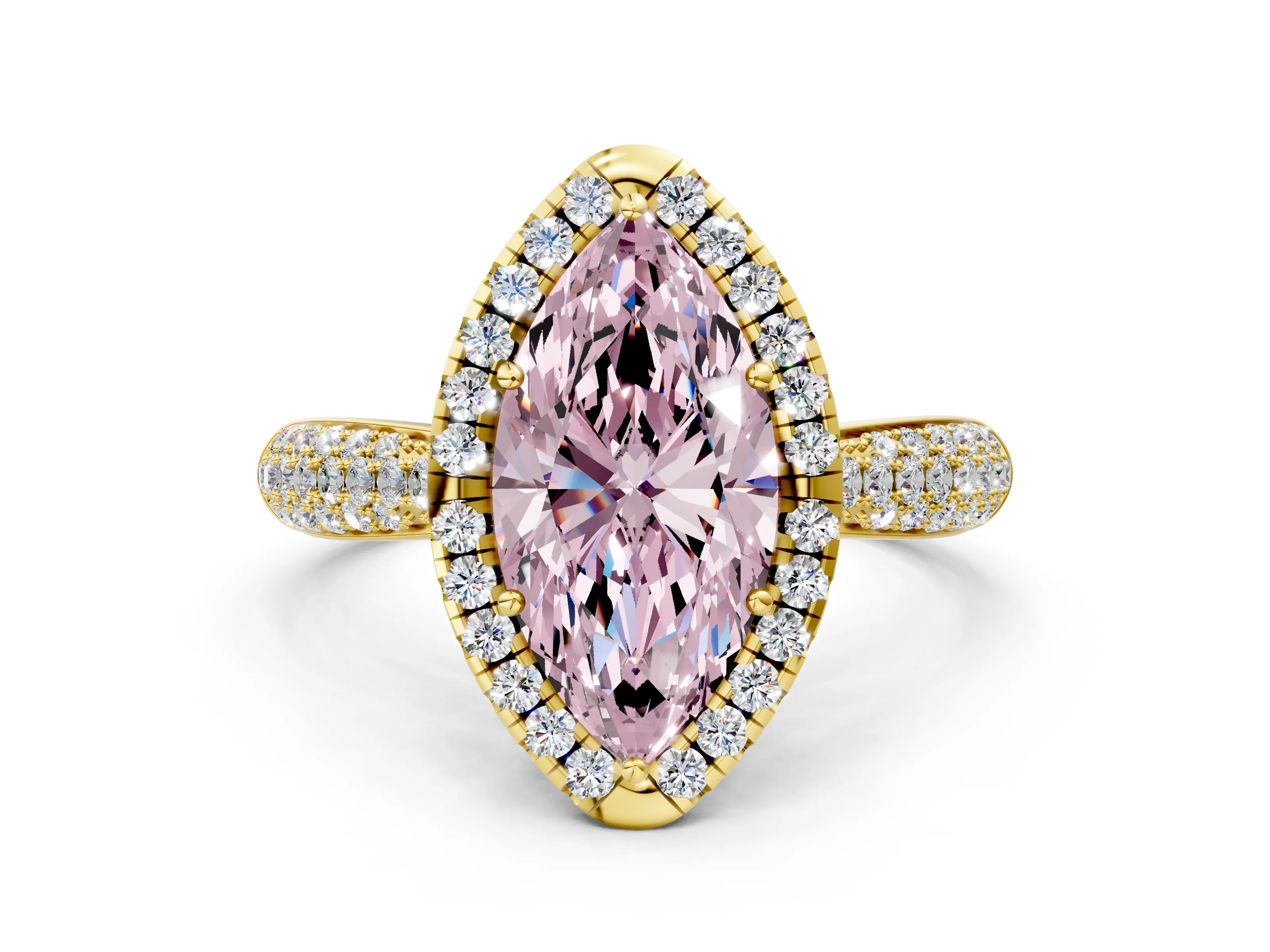 Yellow gold Fancy Pink Marquise Cut Halo Diamond Ring with Pavé Band