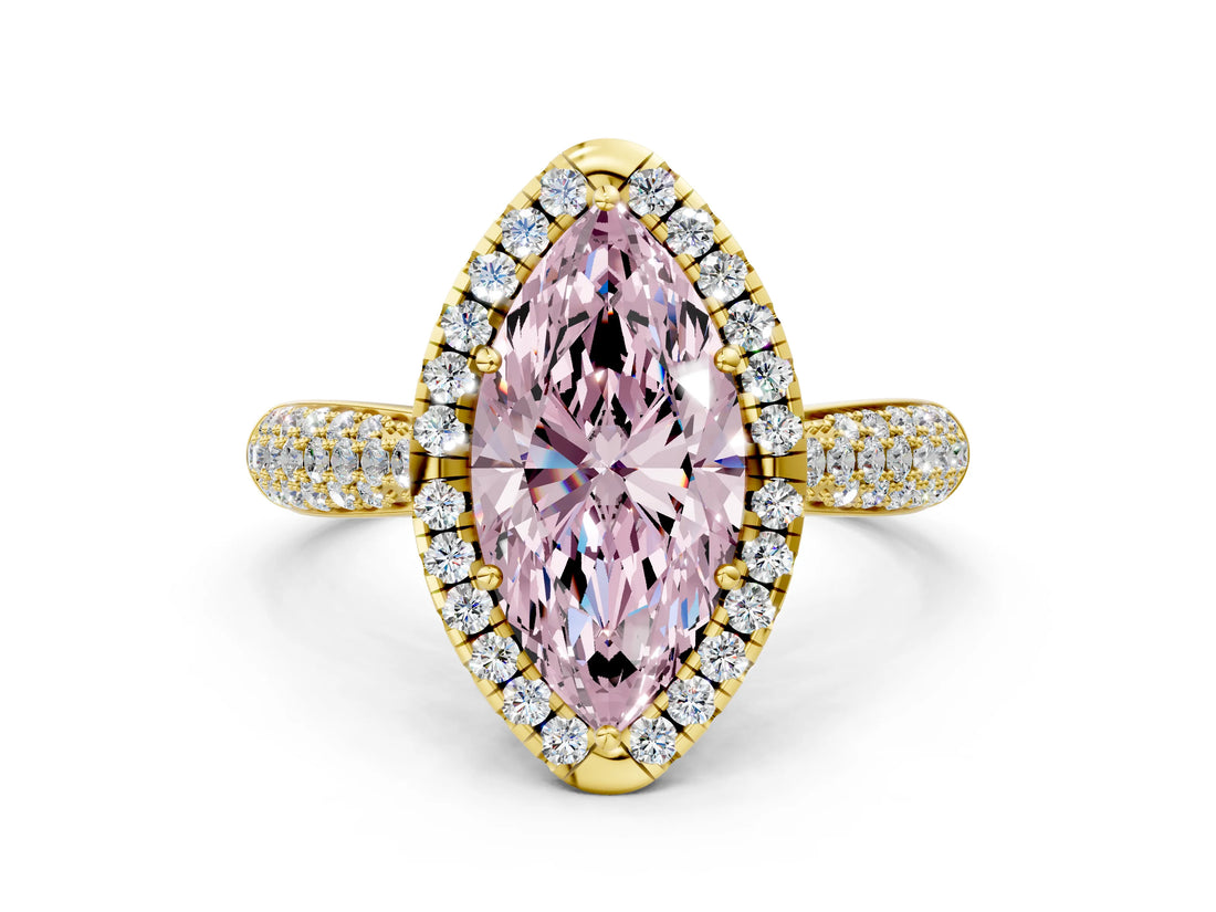 Yellow gold Fancy Pink Marquise Cut Halo Diamond Ring with Pavé Band