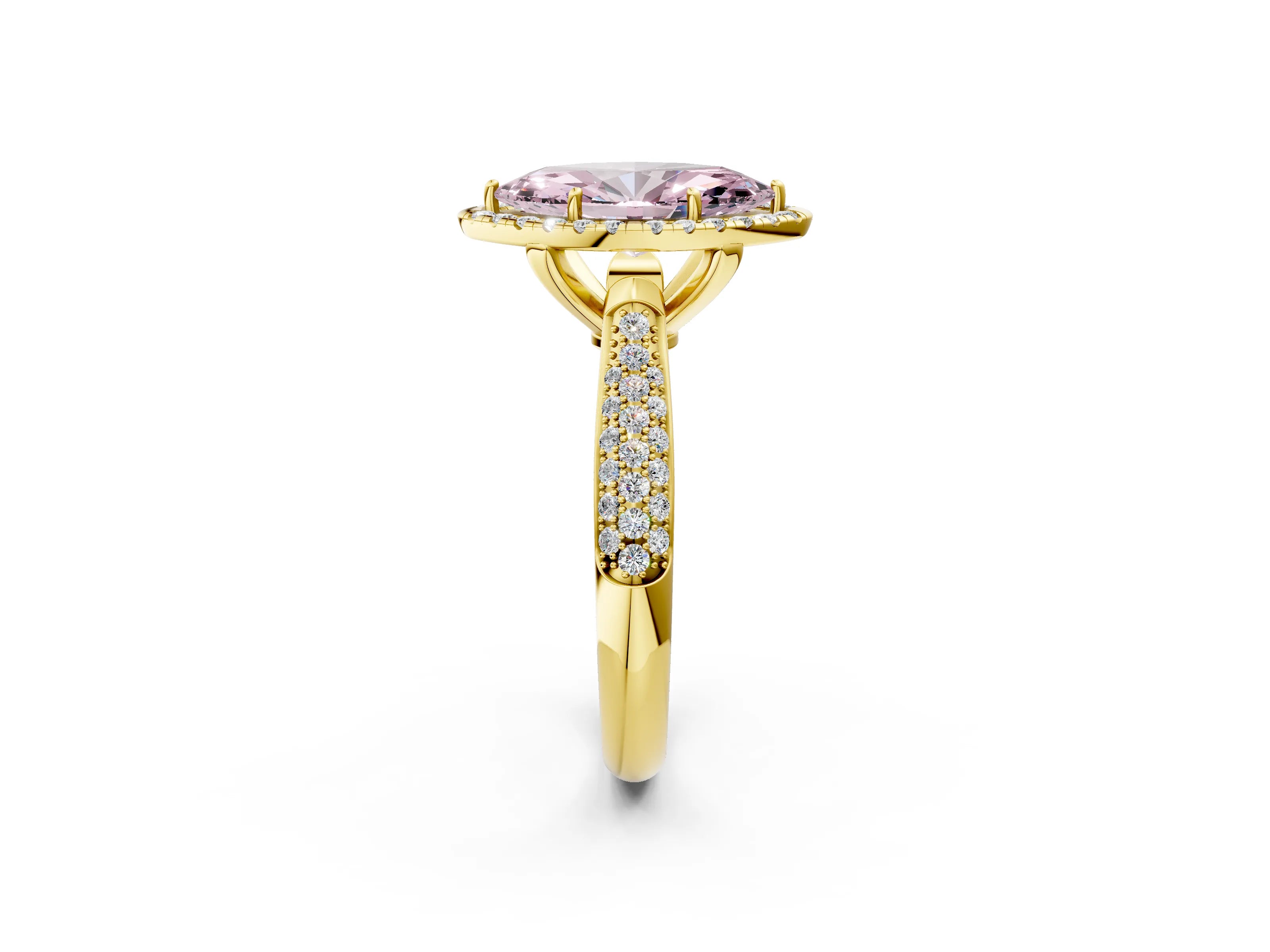 Yellow gold Fancy Pink Marquise Cut Halo Diamond Ring with Pavé Band_2