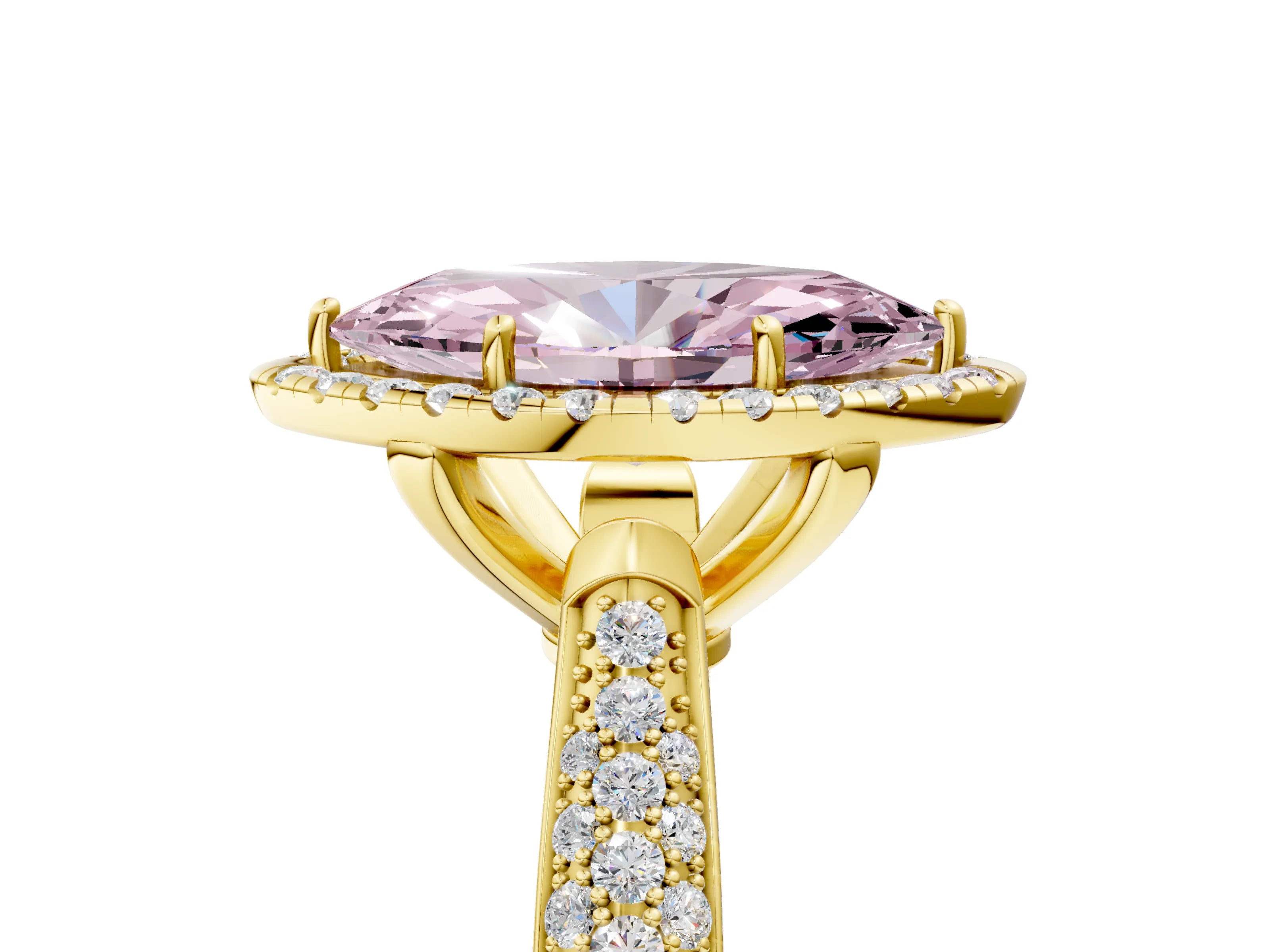 Yellow gold Fancy Pink Marquise Cut Halo Diamond Ring with Pavé Band_5