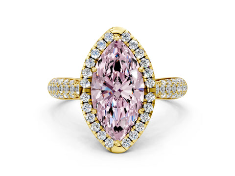 Yellow gold Fancy Pink Marquise Cut Halo Diamond Ring with Pavé Band