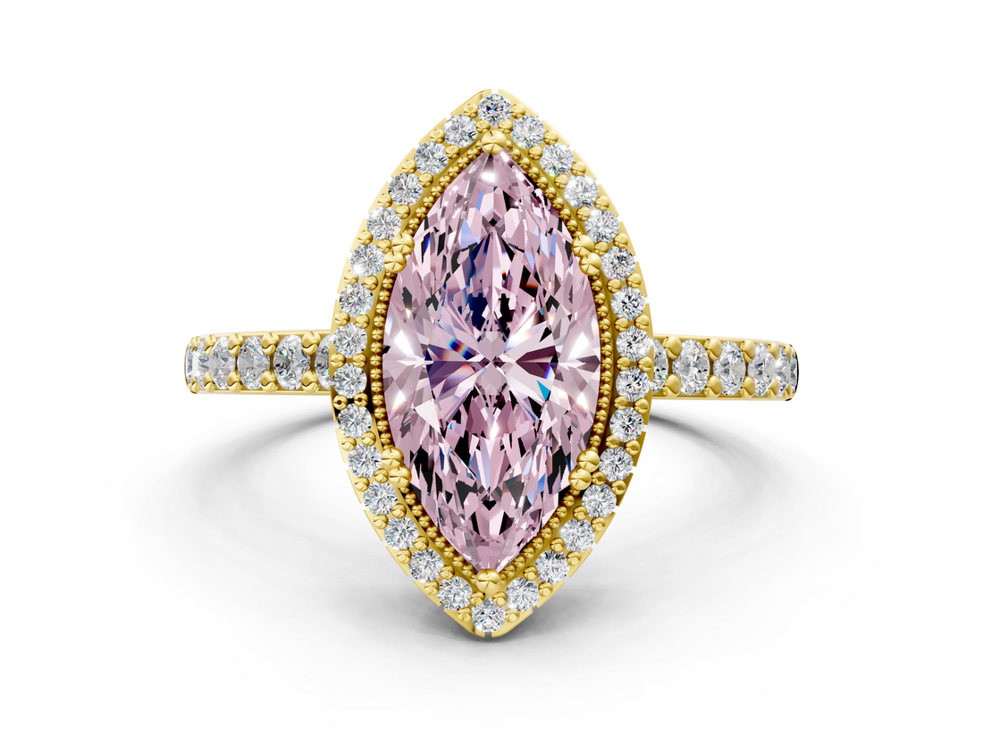 Yellow gold Fancy Pink Marquise  Cut Halo Diamond Ring with Pave Band and Four-Prong Setting_24