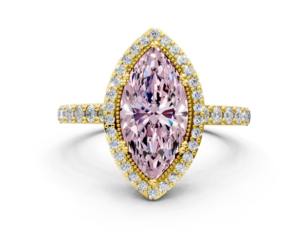 Yellow gold Fancy Pink Marquise  Cut Diamond Halo Engagement Ring with Milgrain Detail and Pavé Band