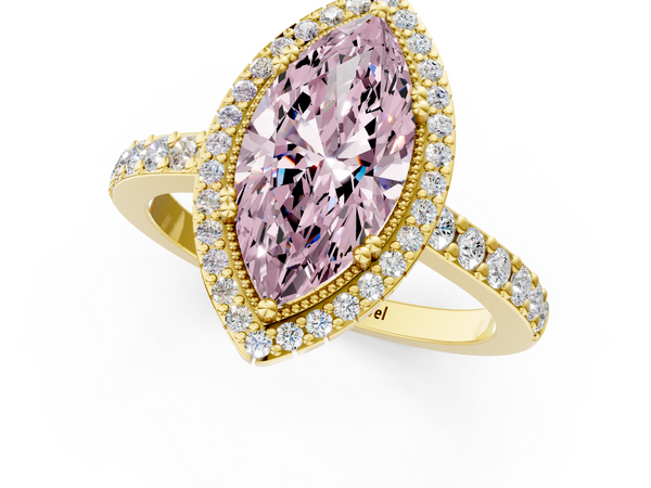 Yellow gold Fancy Pink Marquise  Cut Diamond Halo Engagement Ring with Milgrain Detail and Pavé Band