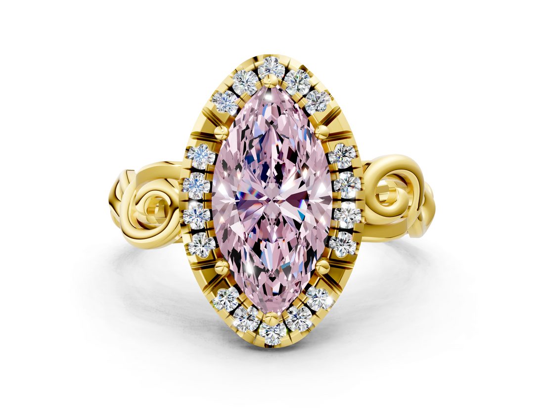 Yellow gold Fancy Pink Marquise  Cut Halo Diamond Ring with Scrollwork Band and Four-Prong Setting_101