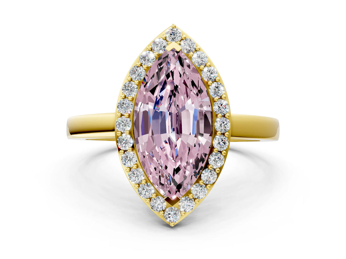 Yellow gold Fancy Pink Marquise Cut Halo Diamond Ring with Solitaire Band and Prong Setting