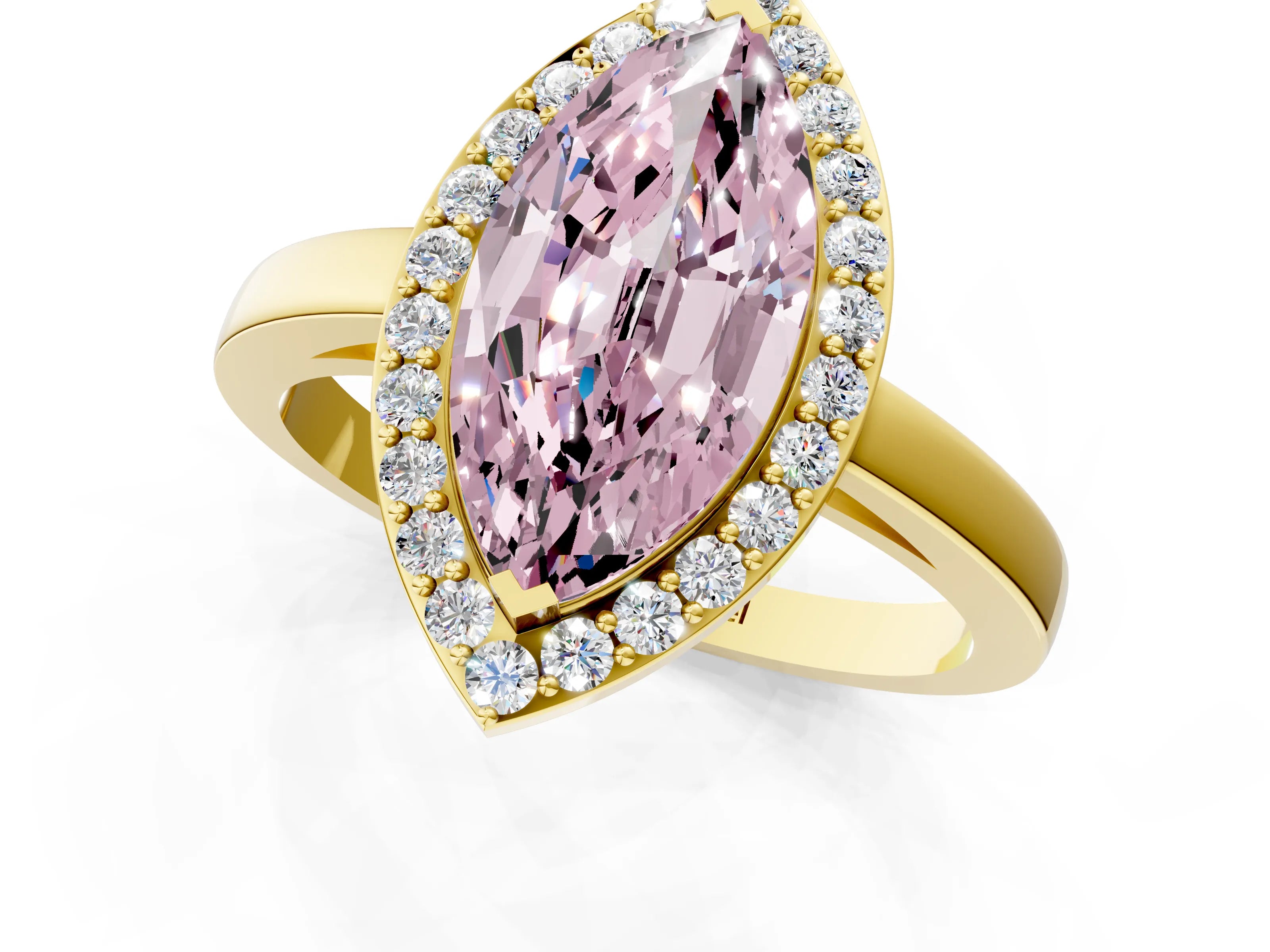 Yellow gold Fancy Pink Marquise Cut Halo Diamond Ring with Solitaire Band and Prong Setting_1