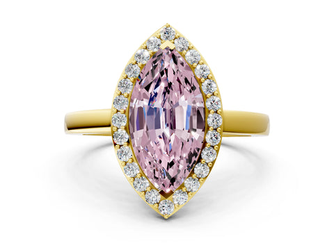 Yellow gold Fancy Pink Marquise Cut Halo Diamond Ring with Solitaire Band and Prong Setting