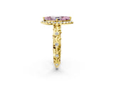 Yellow gold Fancy Pink Marquise Cut Halo Diamond Solitaire with Filigree Band and Four-Prong Setting_2