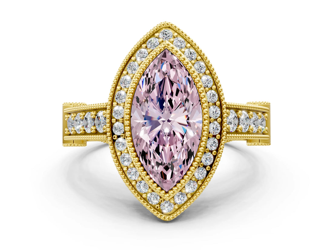 Yellow gold Fancy Pink Marquise Cut Halo Diamond Split Shank Pave Ring