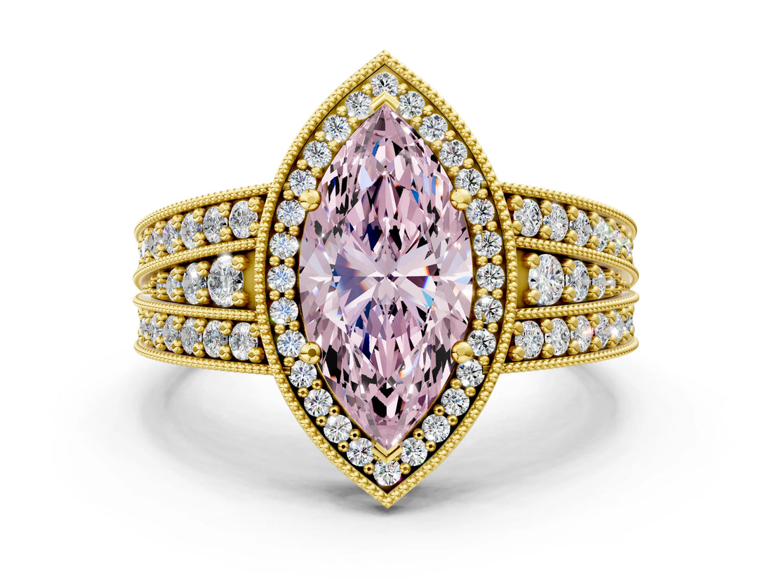 Yellow gold Fancy Pink Marquise Cut Halo Diamond Split Shank Ring with Prong Setting