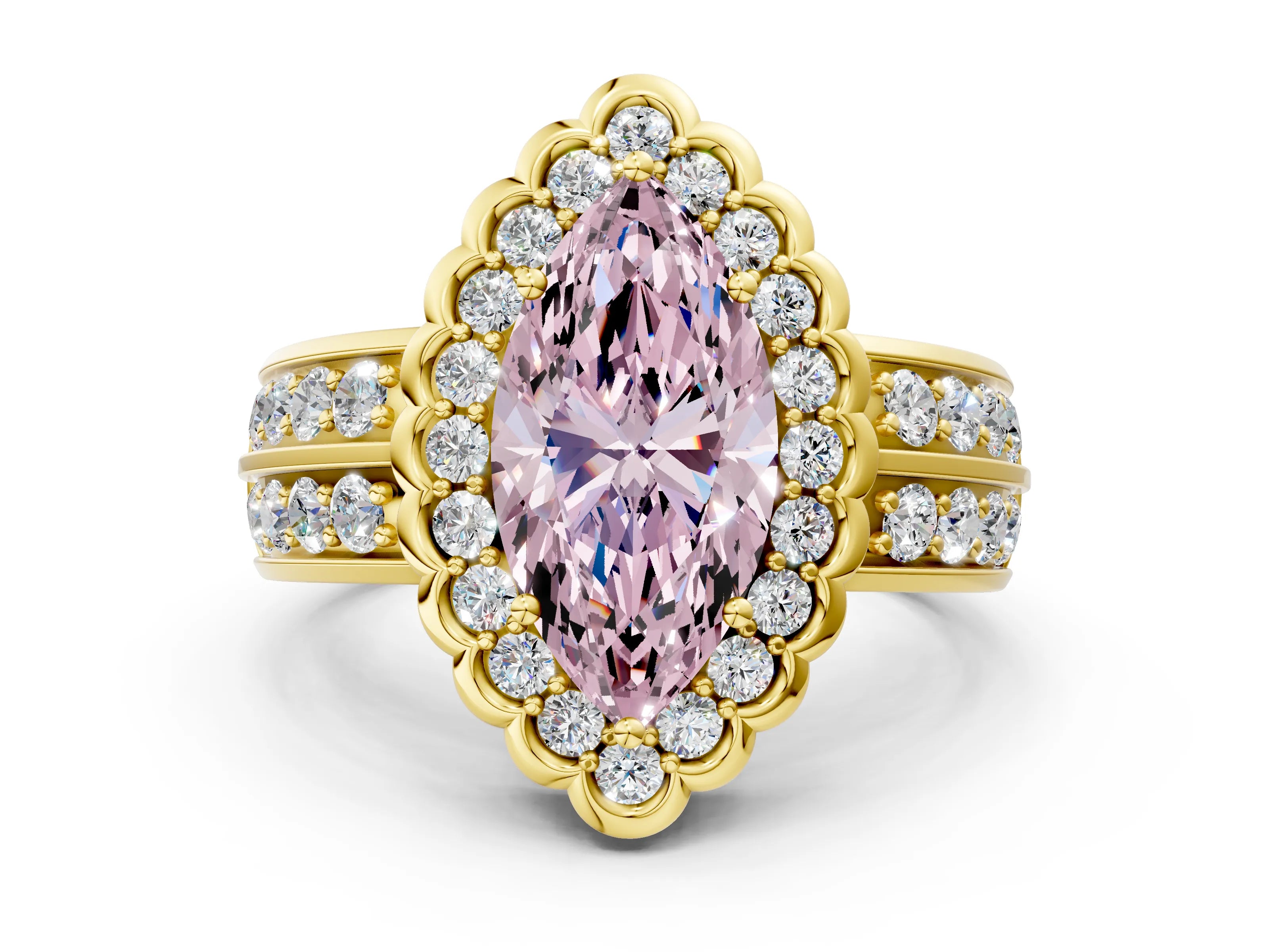 Yellow gold Fancy Pink Marquise Cut Halo Diamond Split Shank Ring with Scalloped Prong Setting