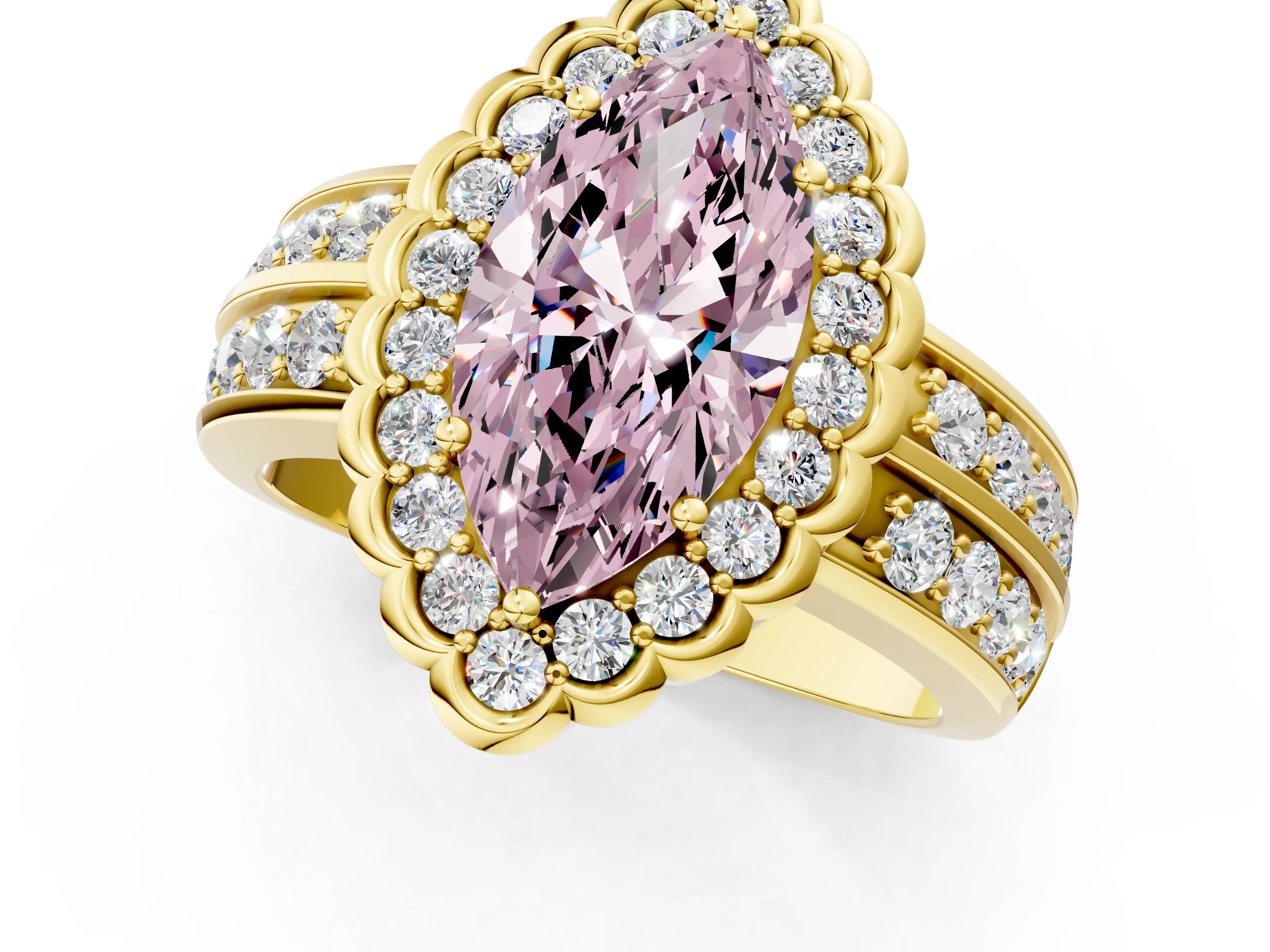Yellow gold Fancy Pink Marquise Cut Halo Diamond Split Shank Ring with Scalloped Prong Setting_1