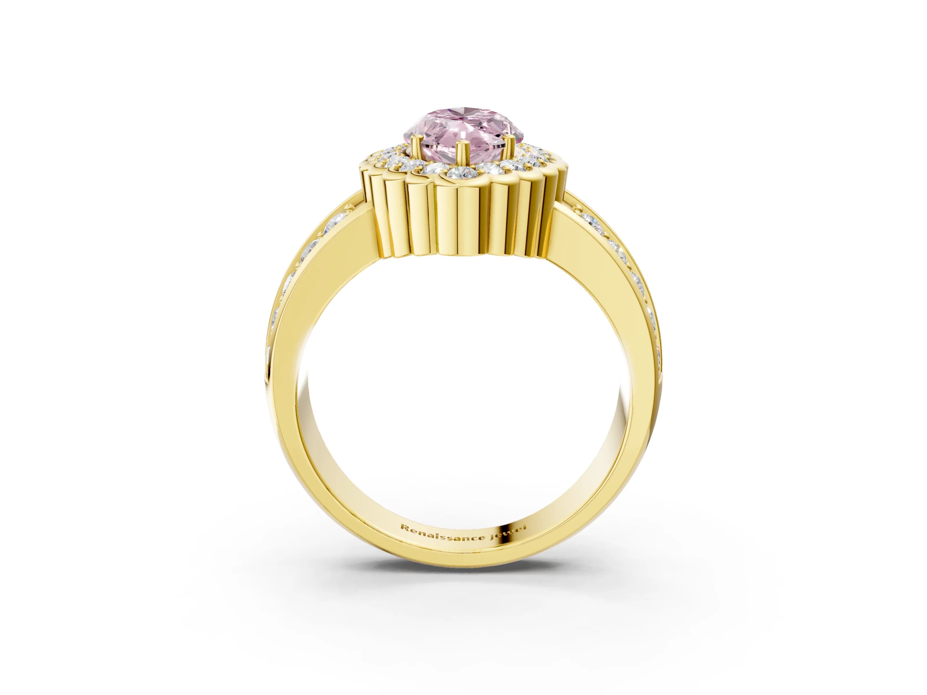 Yellow gold Fancy Pink Marquise Cut Halo Diamond Split Shank Ring with Scalloped Prong Setting_3