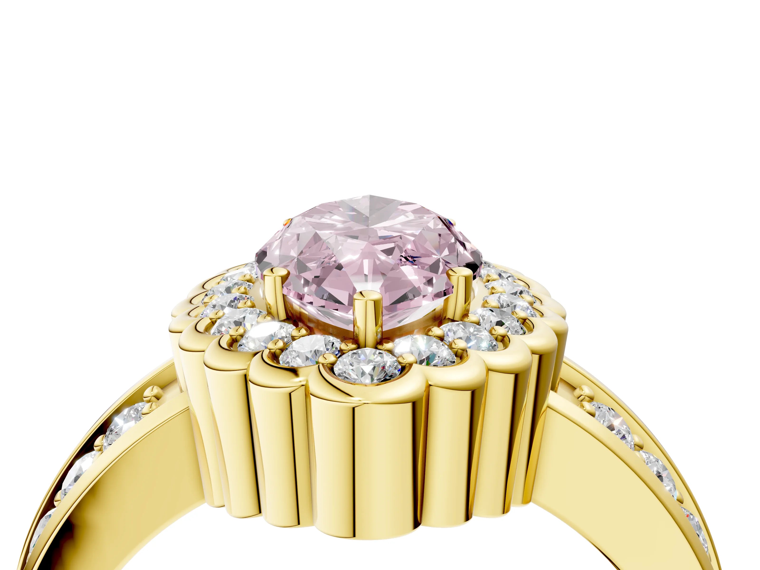 Yellow gold Fancy Pink Marquise Cut Halo Diamond Split Shank Ring with Scalloped Prong Setting_4