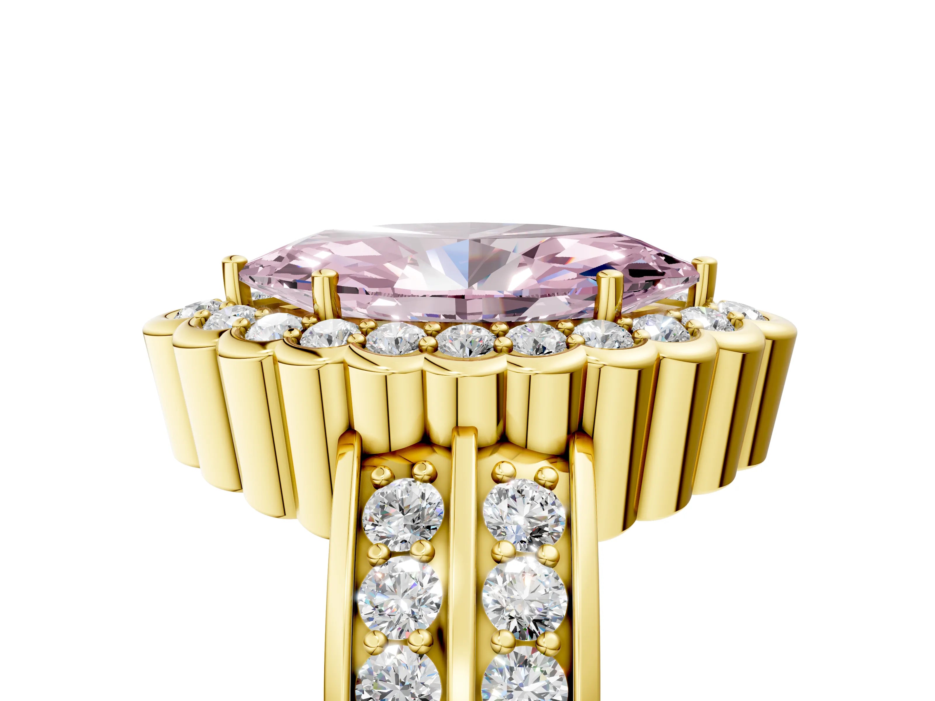 Yellow gold Fancy Pink Marquise Cut Halo Diamond Split Shank Ring with Scalloped Prong Setting_5