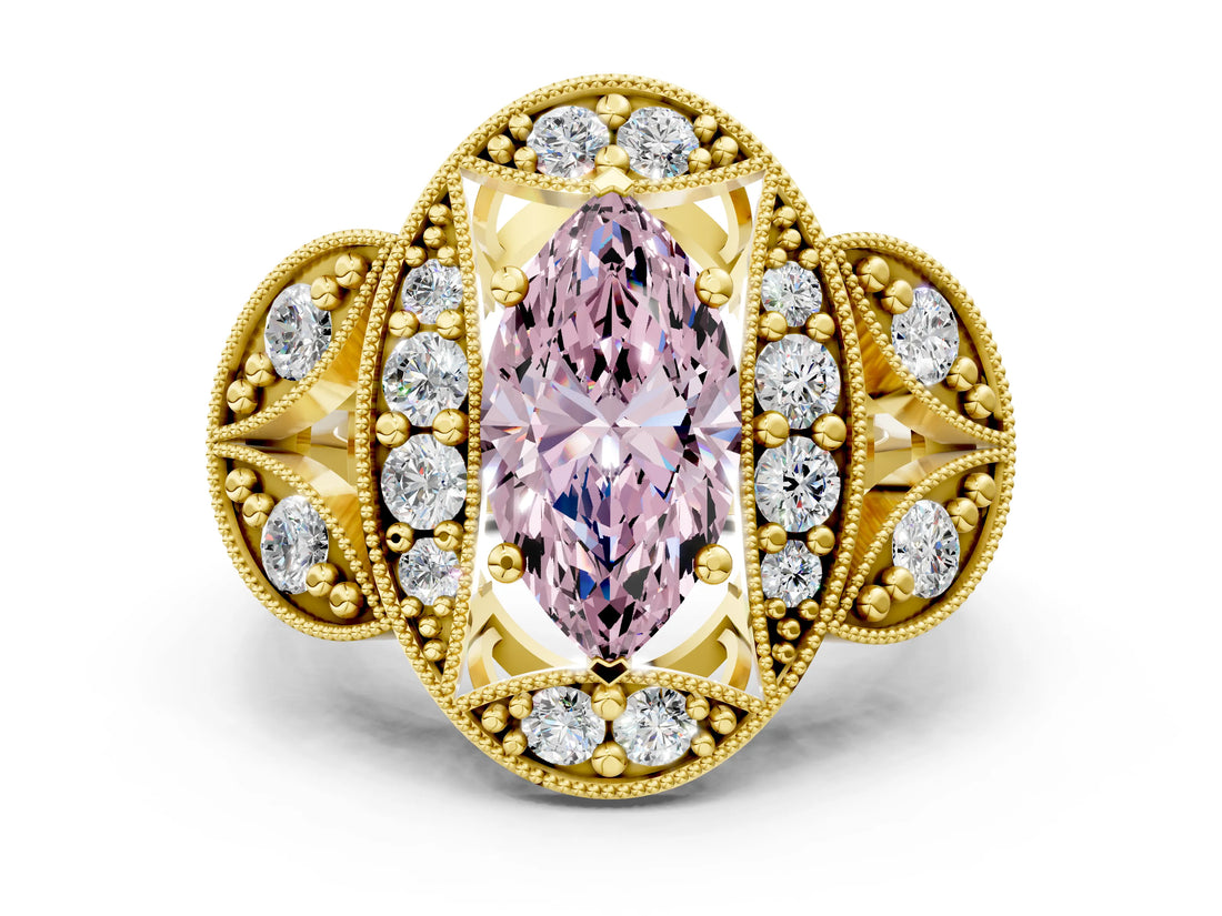 Yellow gold Fancy Pink Marquise Cut Halo Milgrain Diamond Engagement Ring with Leaf Band and Four-Prong Setting