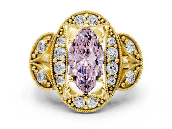 Yellow gold Fancy Pink Marquise Cut Halo Milgrain Diamond Engagement Ring with Leaf Band and Four-Prong Setting