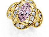 Yellow gold Fancy Pink Marquise Cut Halo Milgrain Diamond Engagement Ring with Leaf Band and Four-Prong Setting_1
