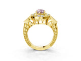 Yellow gold Fancy Pink Marquise Cut Halo Milgrain Diamond Engagement Ring with Leaf Band and Four-Prong Setting_3