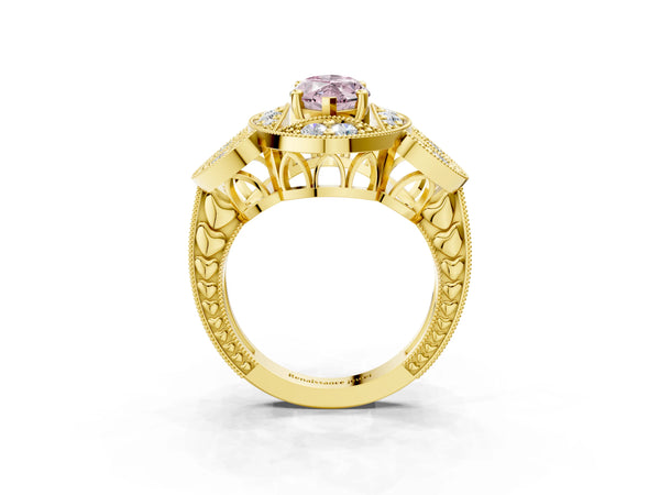 Yellow gold Fancy Pink Marquise Cut Halo Milgrain Diamond Engagement Ring with Leaf Band and Four-Prong Setting