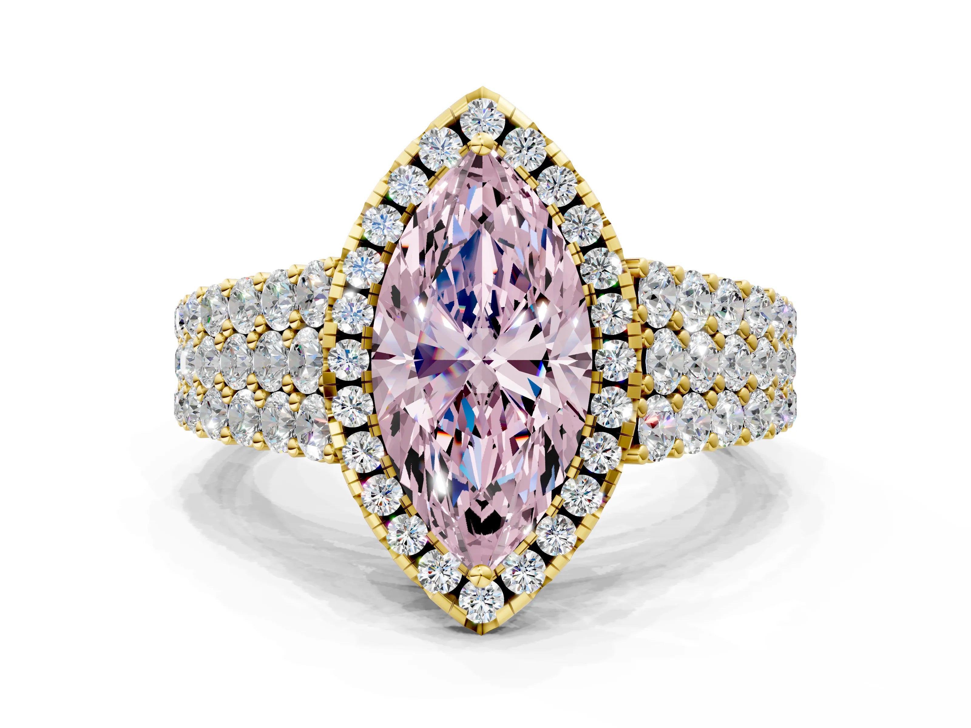 Yellow gold Fancy Pink Marquise Cut Halo Pavé Diamond Engagement Ring with Split Shank and Four-Prong Setting_3
