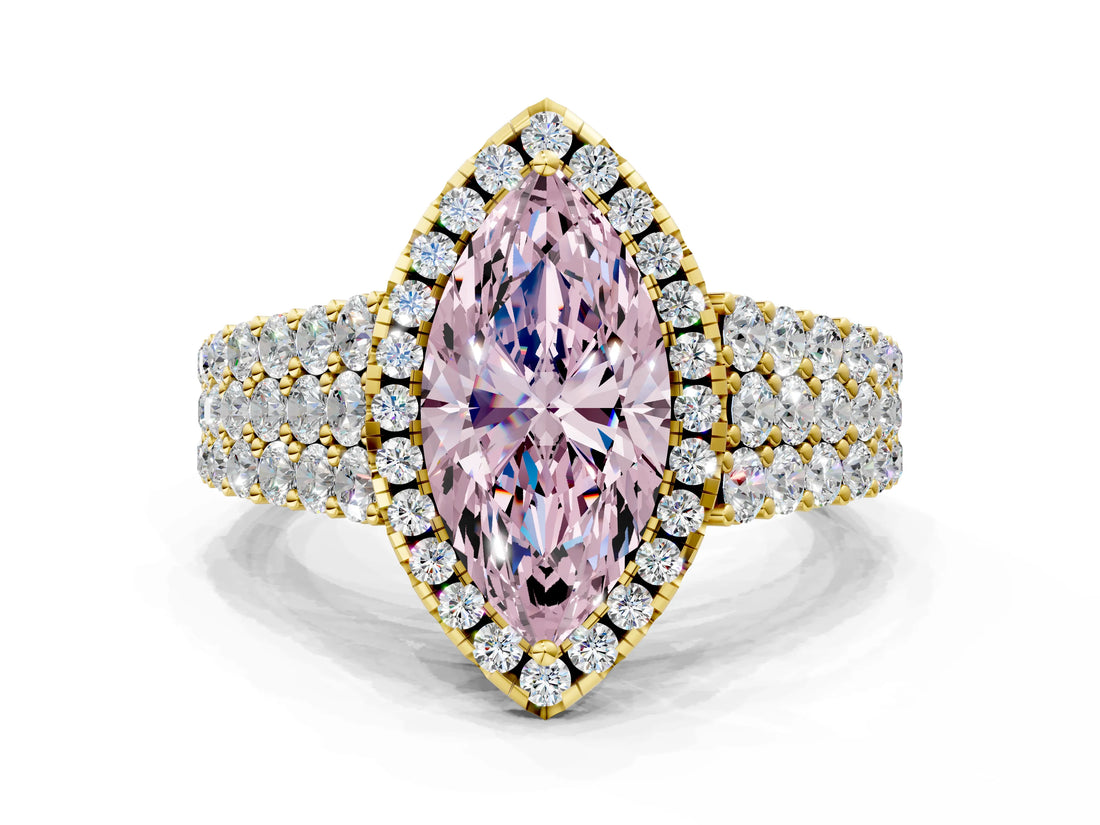 Yellow gold Fancy Pink Marquise Cut Halo Pavé Diamond Engagement Ring with Split Shank and Four-Prong Setting_3