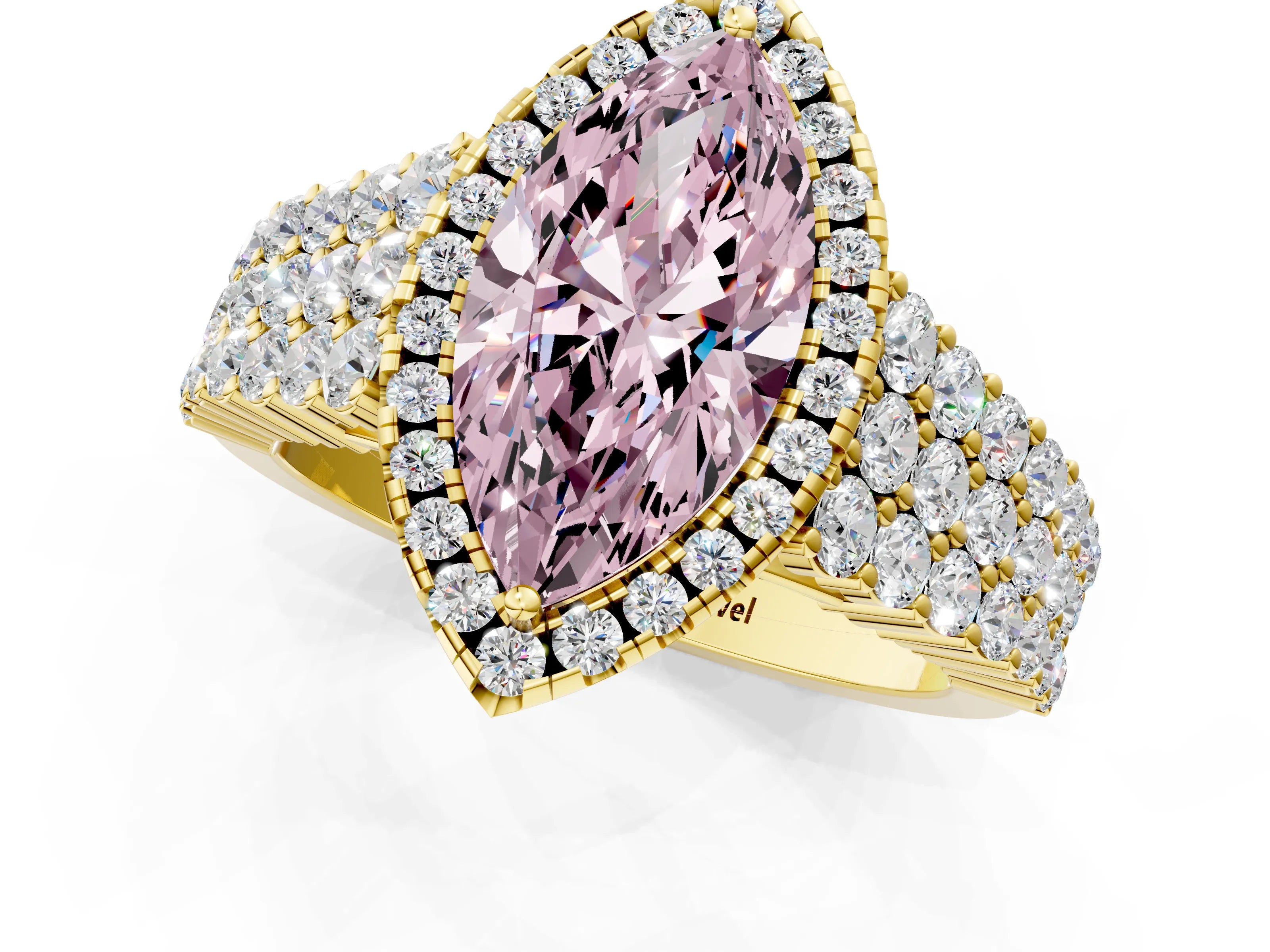 Yellow gold Fancy Pink Marquise Cut Halo Pavé Diamond Engagement Ring with Split Shank and Four-Prong Setting_4