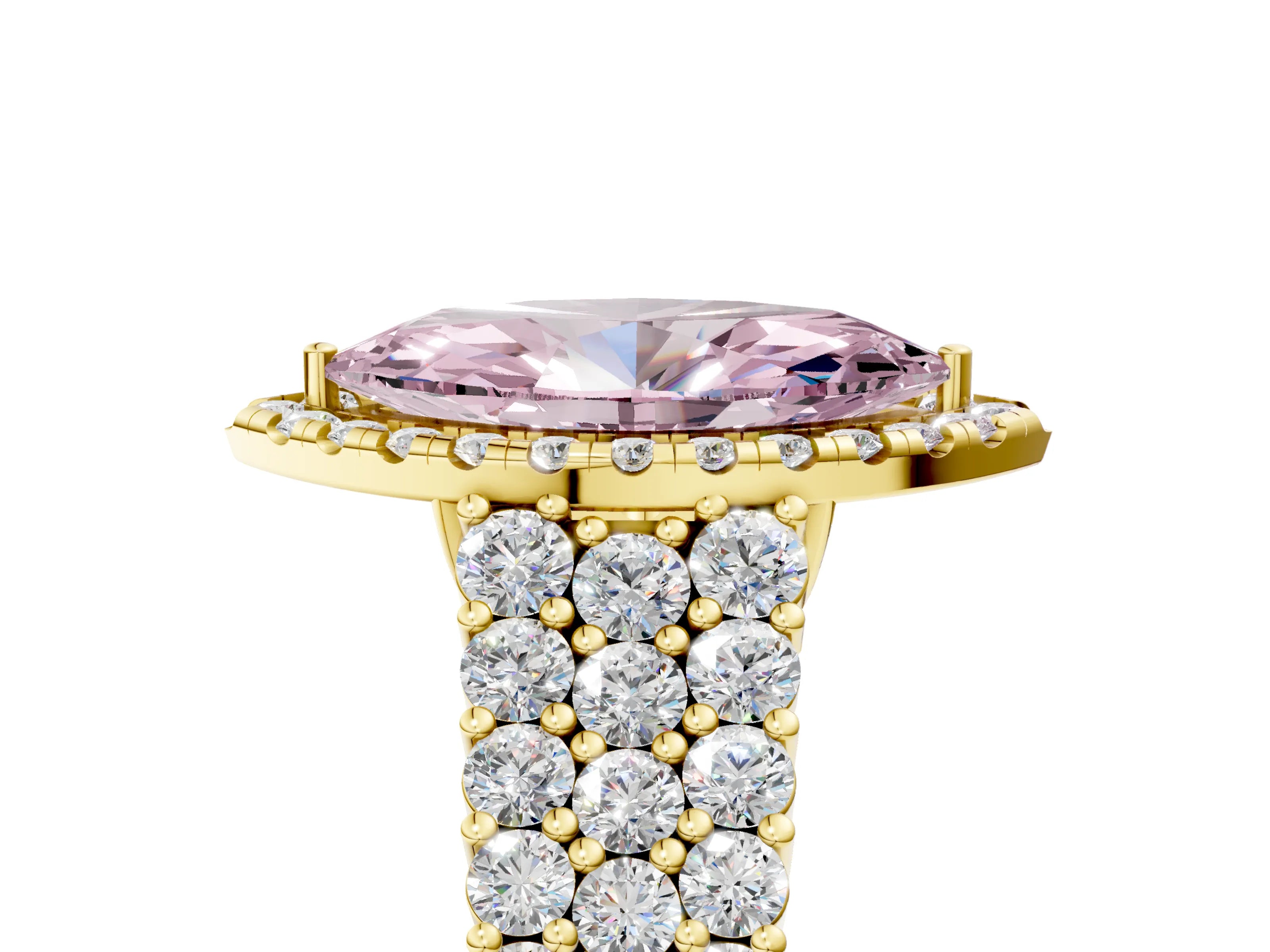 Yellow gold Fancy Pink Marquise Cut Halo Pavé Diamond Engagement Ring with Split Shank and Four-Prong Setting_8