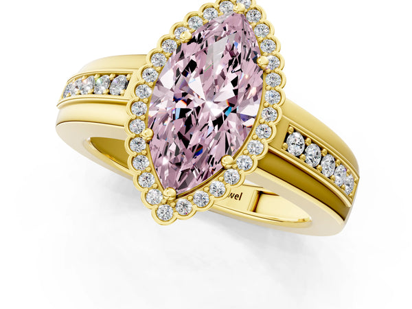 Yellow gold Fancy Pink Marquise  Cut Halo Pave Band Four-Prong Ring