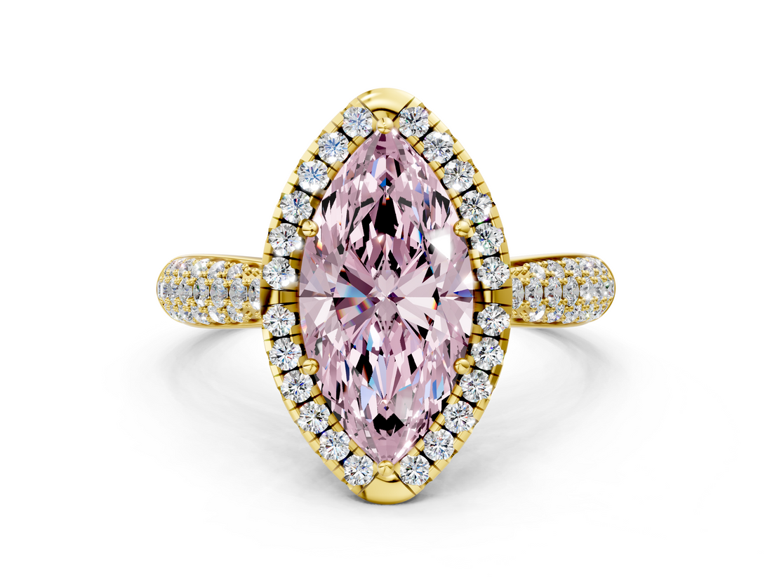 Yellow gold Fancy Pink Marquise  Cut Halo Pave Band Four-Prong Setting Ring_37