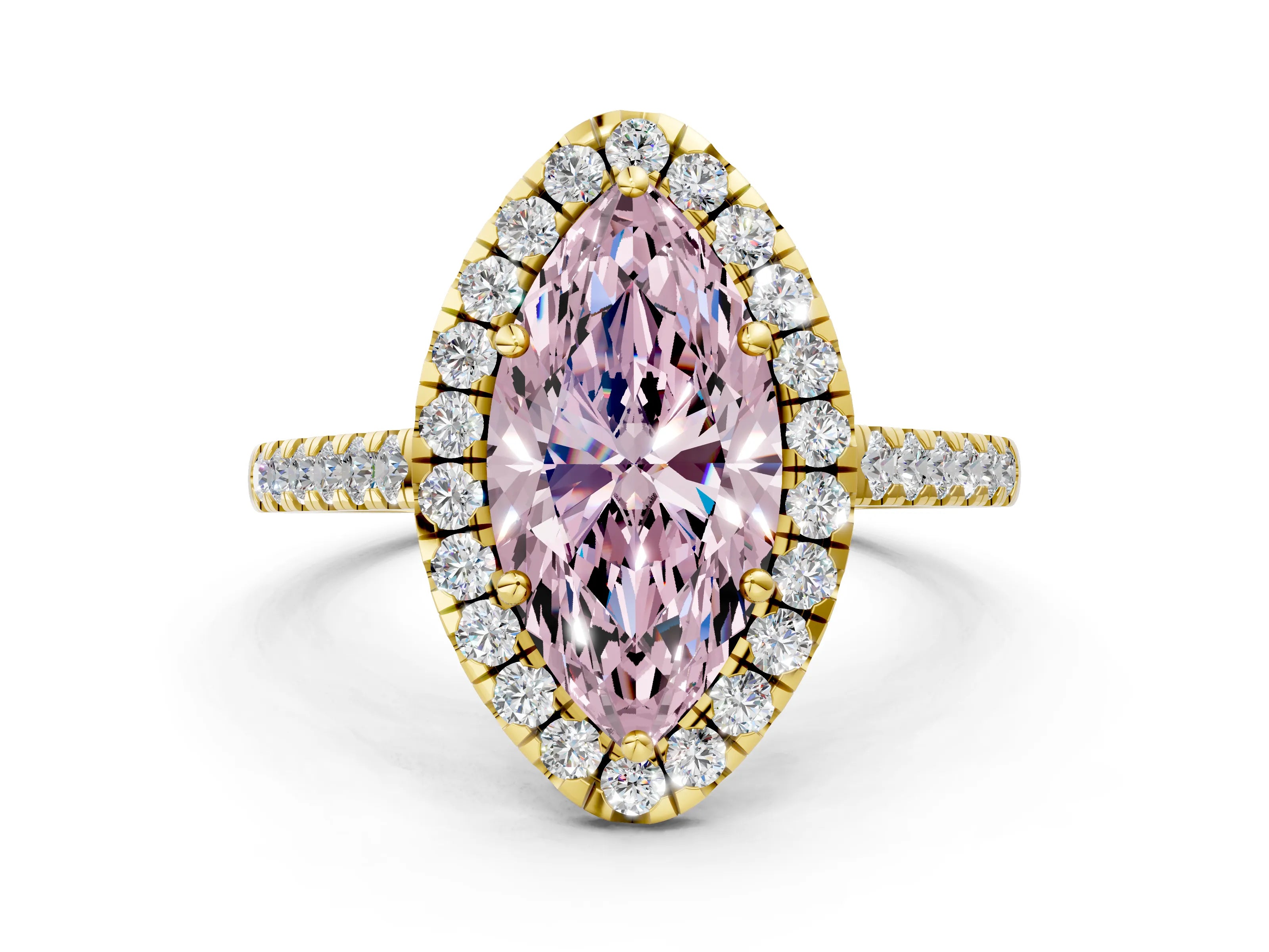 Yellow gold Fancy Pink Marquise Cut Halo Pave Diamond Engagement Ring with Four-Prong Setting