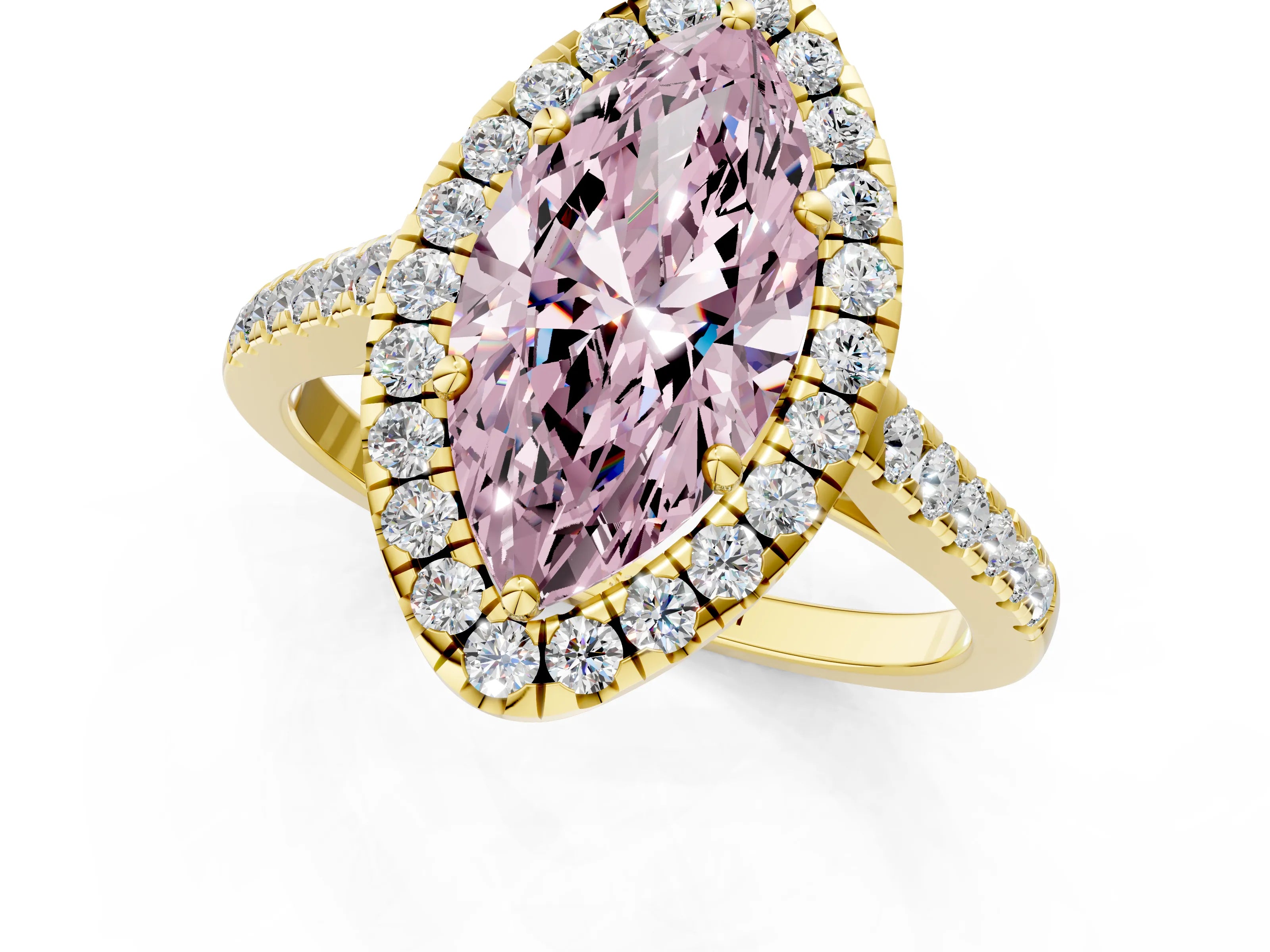 Yellow gold Fancy Pink Marquise Cut Halo Pave Diamond Engagement Ring with Four-Prong Setting_1