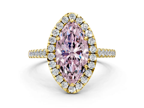 Yellow gold Fancy Pink Marquise Cut Halo Pave Diamond Engagement Ring with Four-Prong Setting