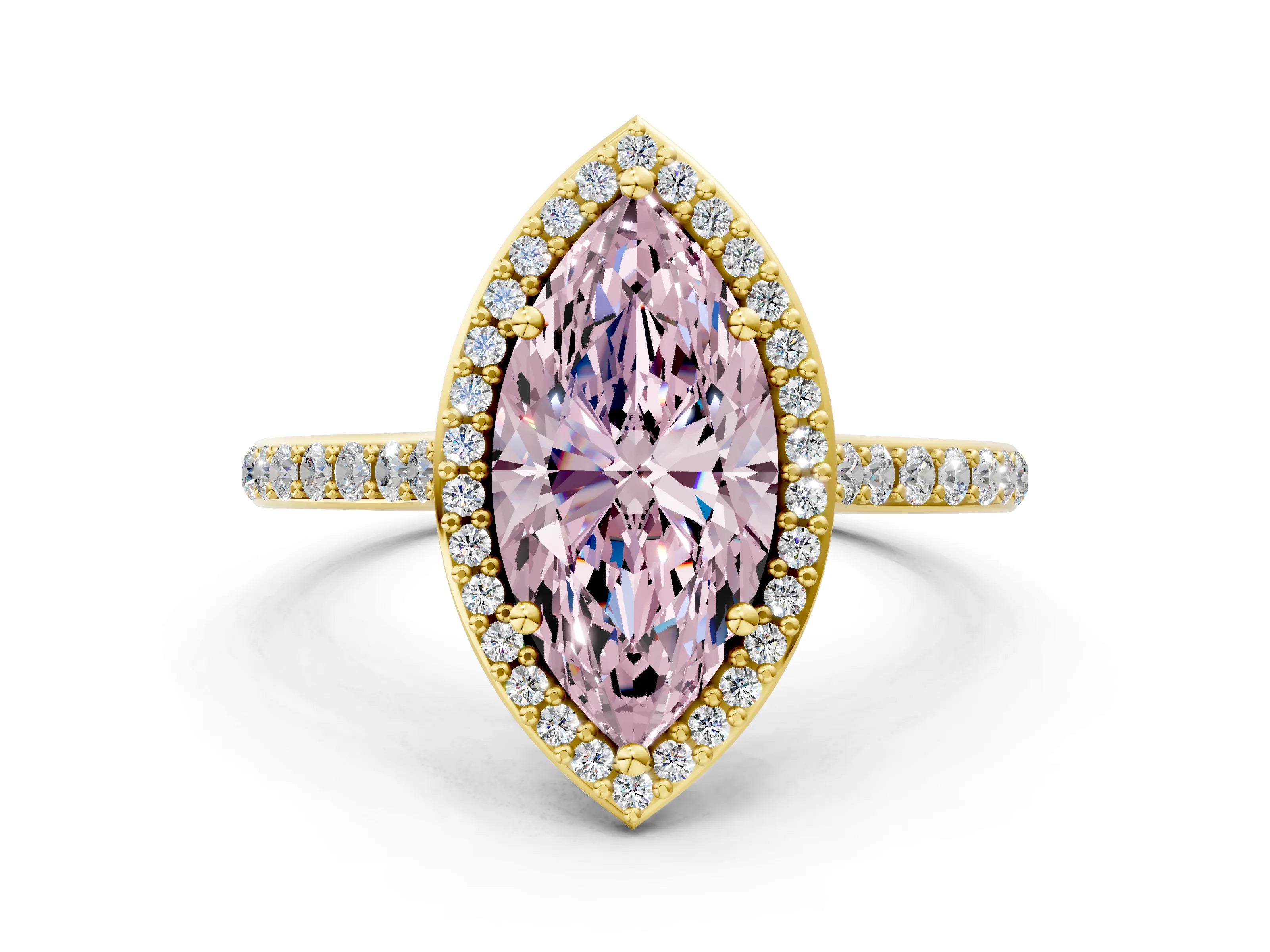 Yellow gold Fancy Pink Marquise Cut Halo Round Diamond Pavé Band with Four-Prong Setting_3