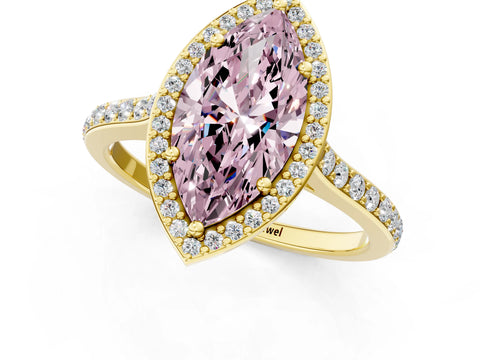 Yellow gold Fancy Pink Marquise Cut Halo Round Diamond Pavé Band with Four-Prong Setting_4