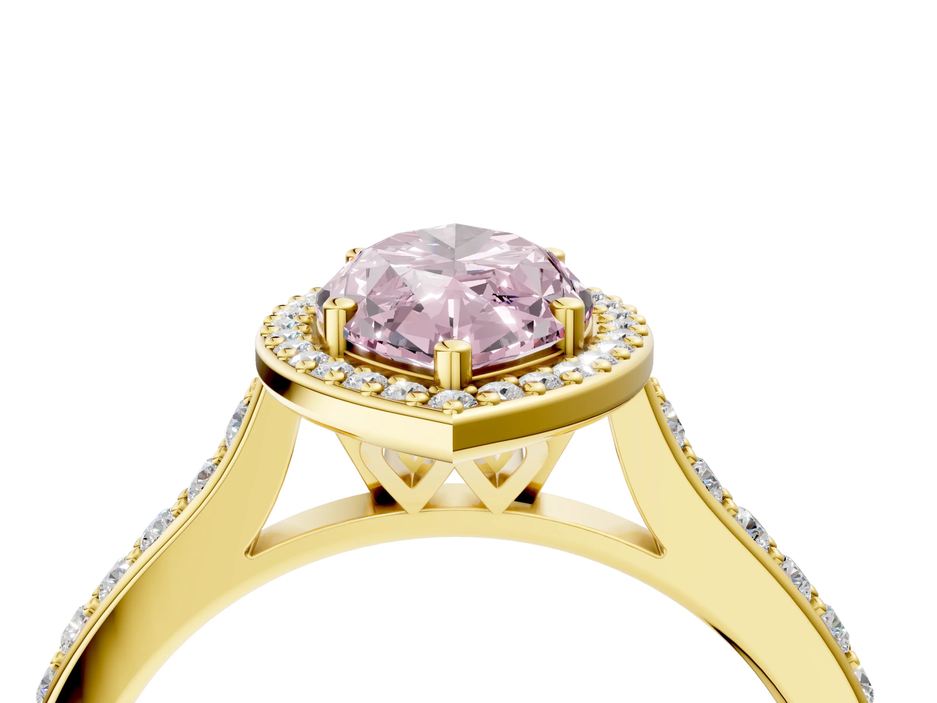 Yellow gold Fancy Pink Marquise Cut Halo Round Diamond Pavé Band with Four-Prong Setting_7