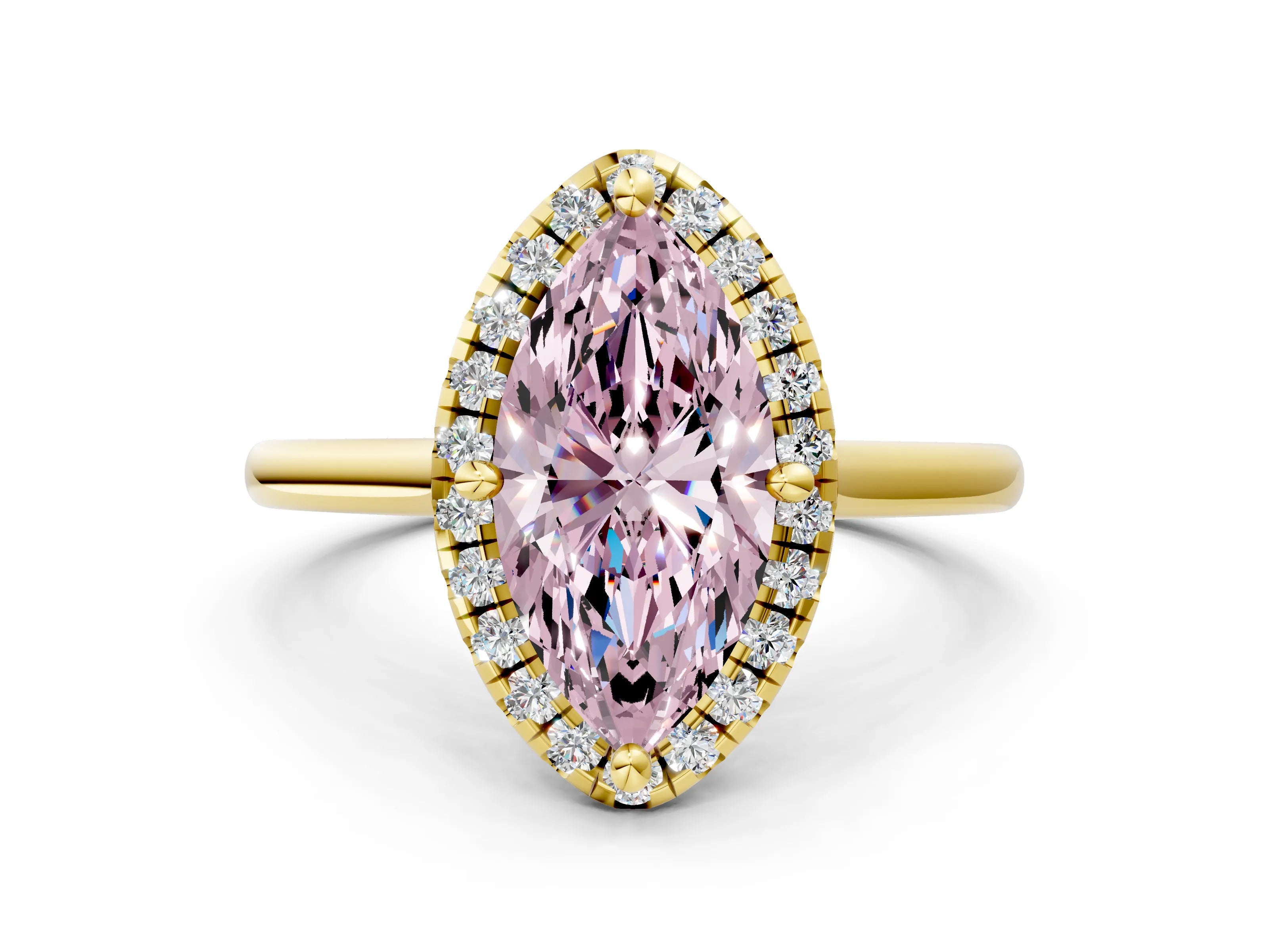 Yellow gold Fancy Pink Marquise Cut Halo Round Diamond Solitaire Engagement Ring with Pave Band and Four-Prong Setting_12