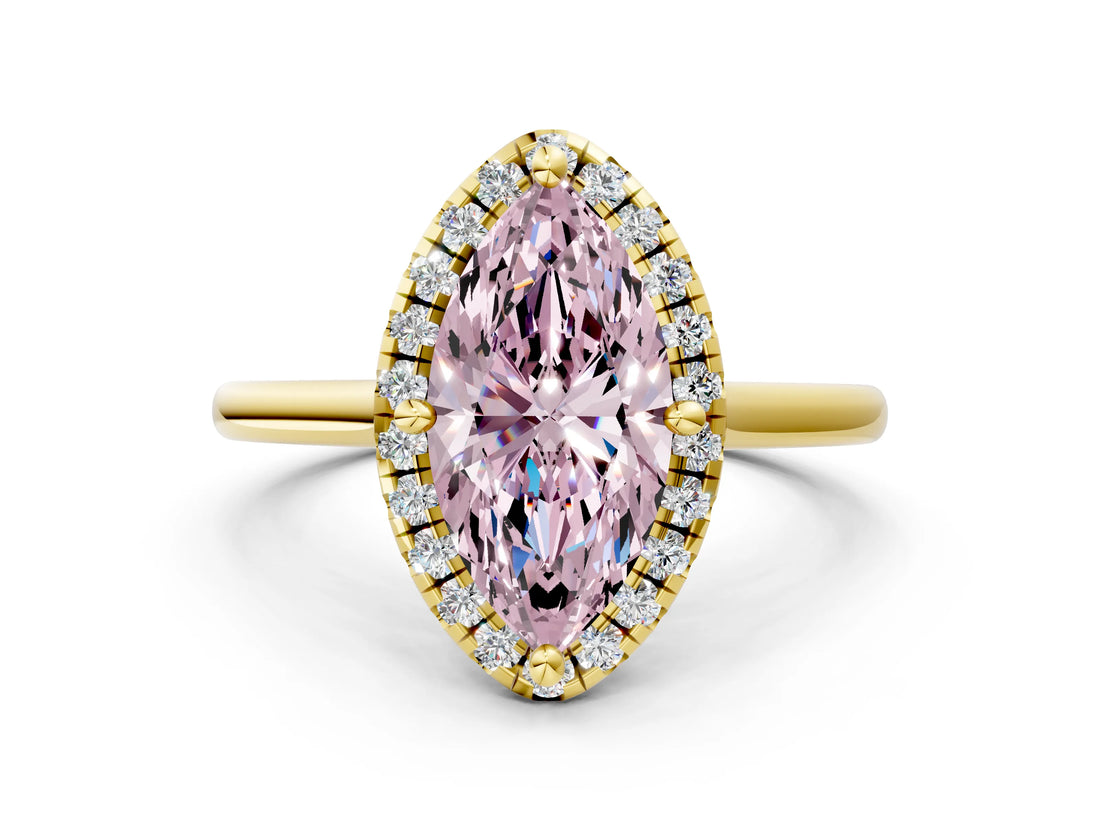 Yellow gold Fancy Pink Marquise Cut Halo Round Diamond Solitaire Engagement Ring with Pave Band and Four-Prong Setting_12