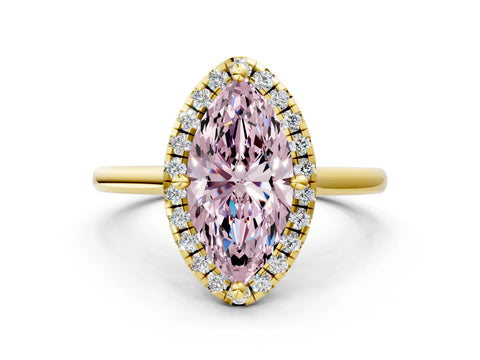 Yellow gold Fancy Pink Marquise Cut Halo Round Diamond Solitaire Engagement Ring with Pave Band and Four-Prong Setting_12
