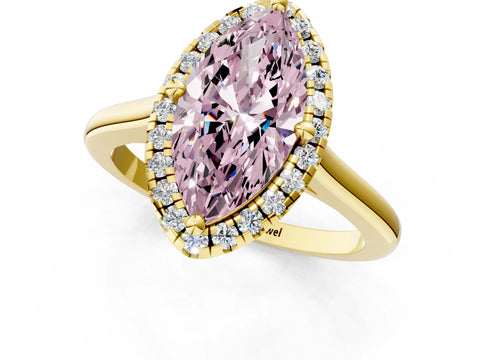 Yellow gold Fancy Pink Marquise Cut Halo Round Diamond Solitaire Engagement Ring with Pave Band and Four-Prong Setting_13