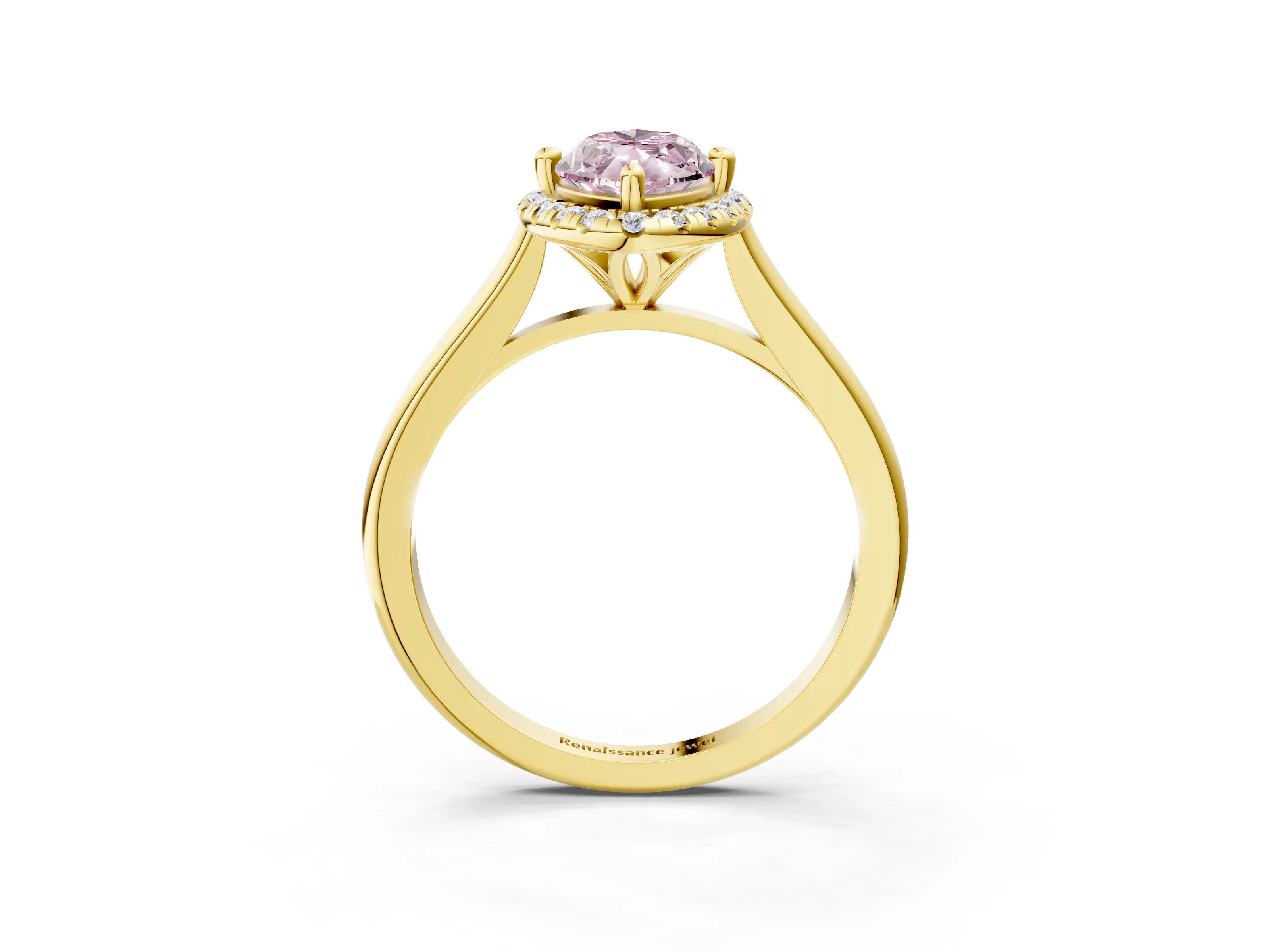 Yellow gold Fancy Pink Marquise Cut Halo Round Diamond Solitaire Engagement Ring with Pave Band and Four-Prong Setting_15