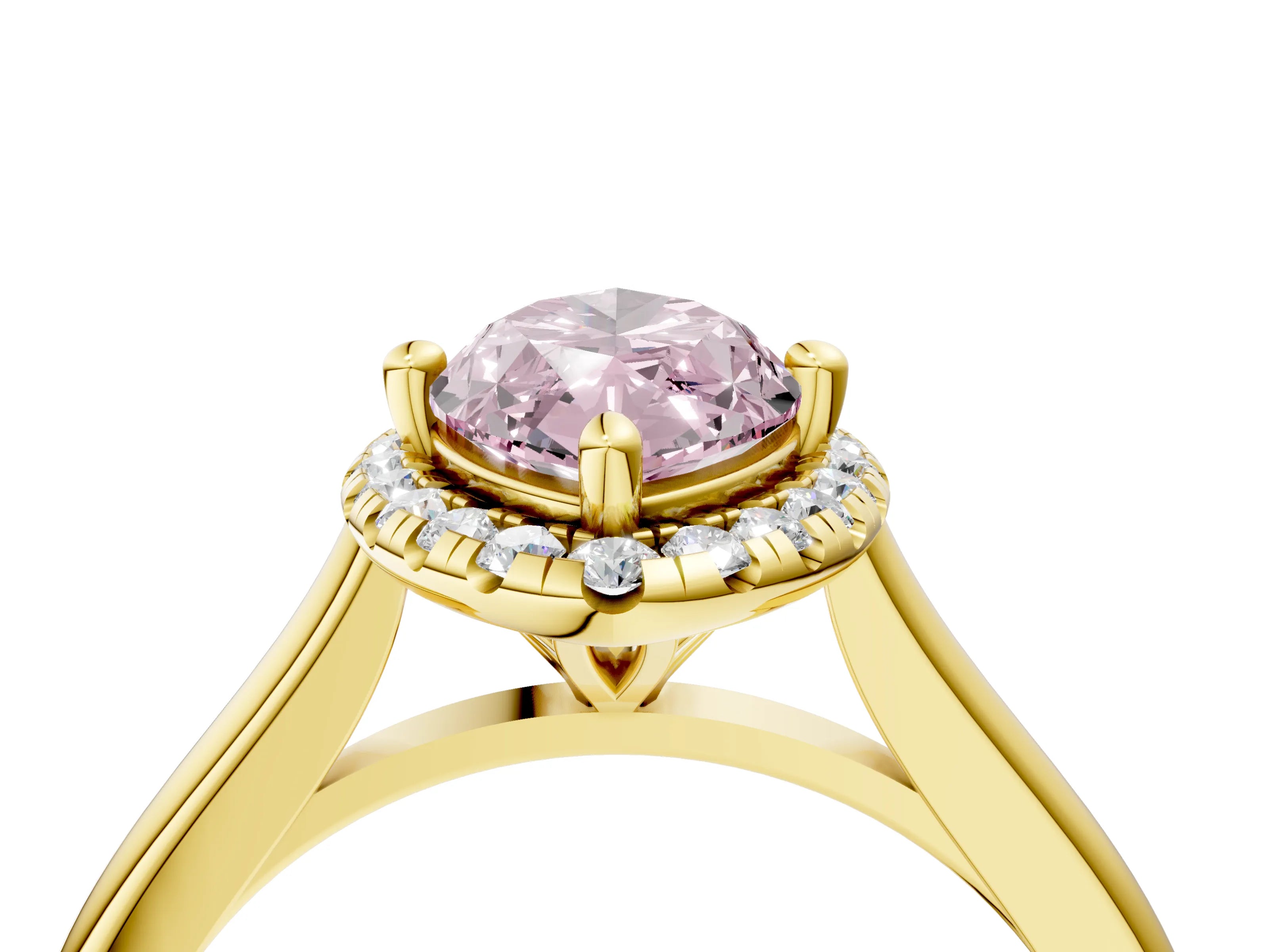 Yellow gold Fancy Pink Marquise Cut Halo Round Diamond Solitaire Engagement Ring with Pave Band and Four-Prong Setting_16
