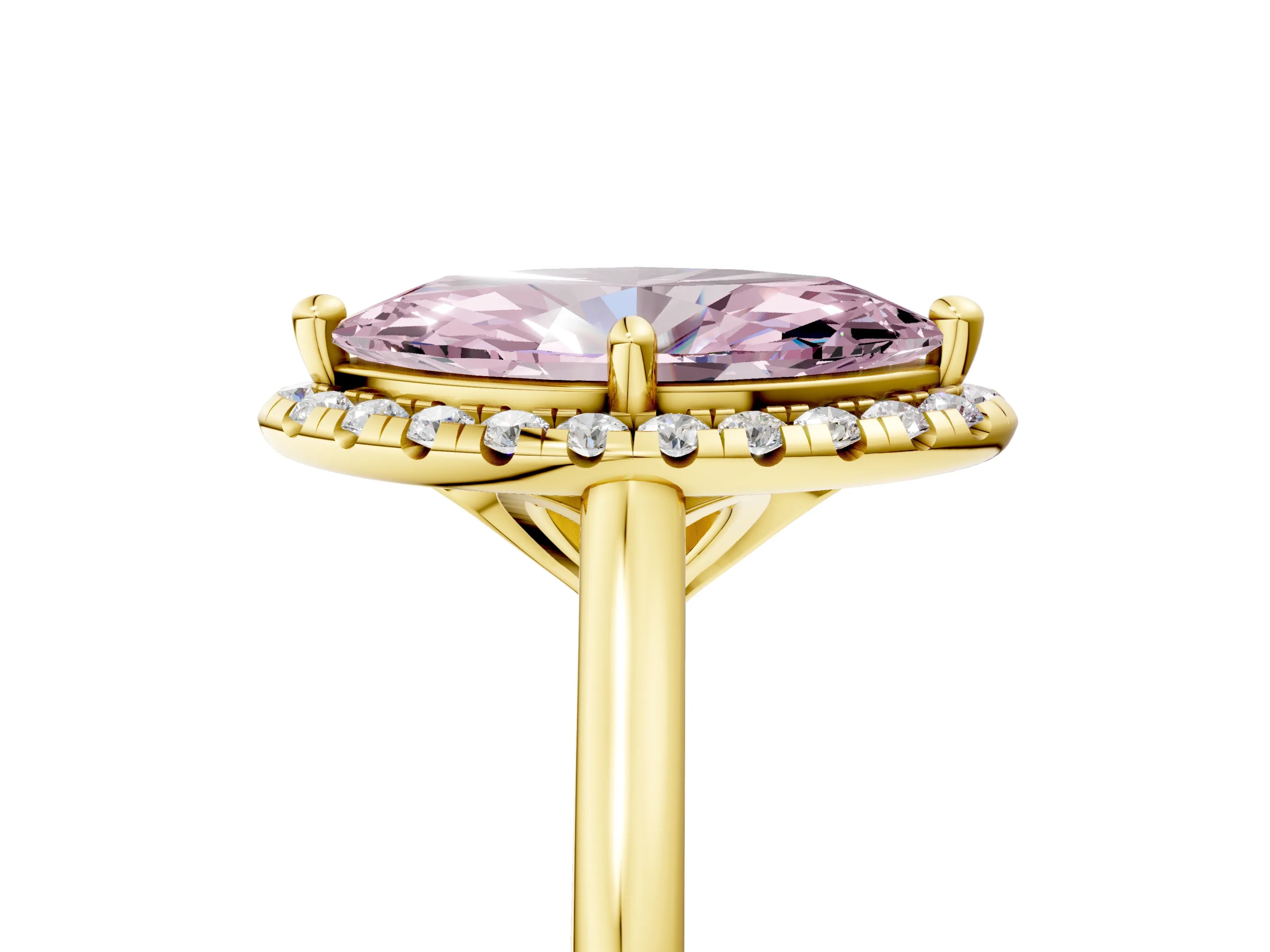 Yellow gold Fancy Pink Marquise Cut Halo Round Diamond Solitaire Engagement Ring with Pave Band and Four-Prong Setting_17