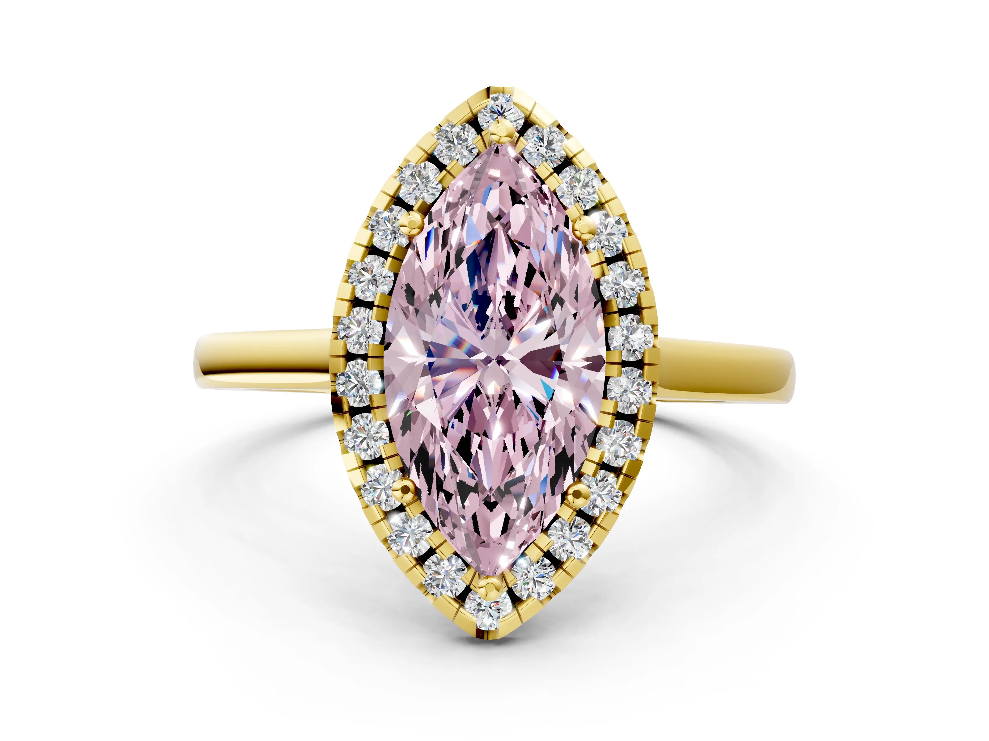 Yellow gold Fancy Pink Marquise Cut Halo Round Diamond Solitaire Ring with Pavé Band and Four-Prong Setting