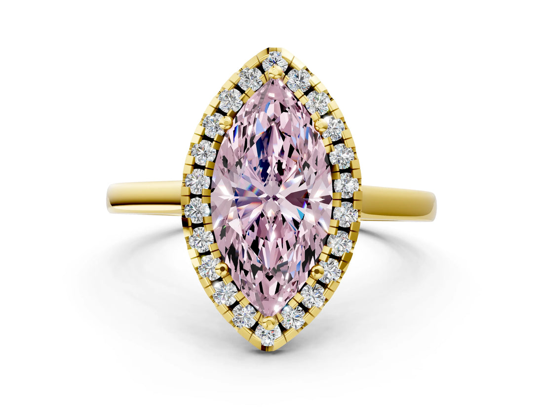 Yellow gold Fancy Pink Marquise Cut Halo Round Diamond Solitaire Ring with Pavé Band and Four-Prong Setting