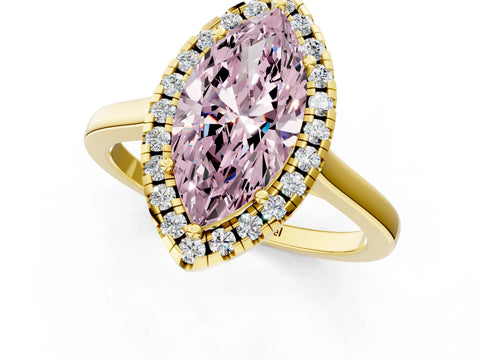 Yellow gold Fancy Pink Marquise Cut Halo Round Diamond Solitaire Ring with Pavé Band and Four-Prong Setting_1