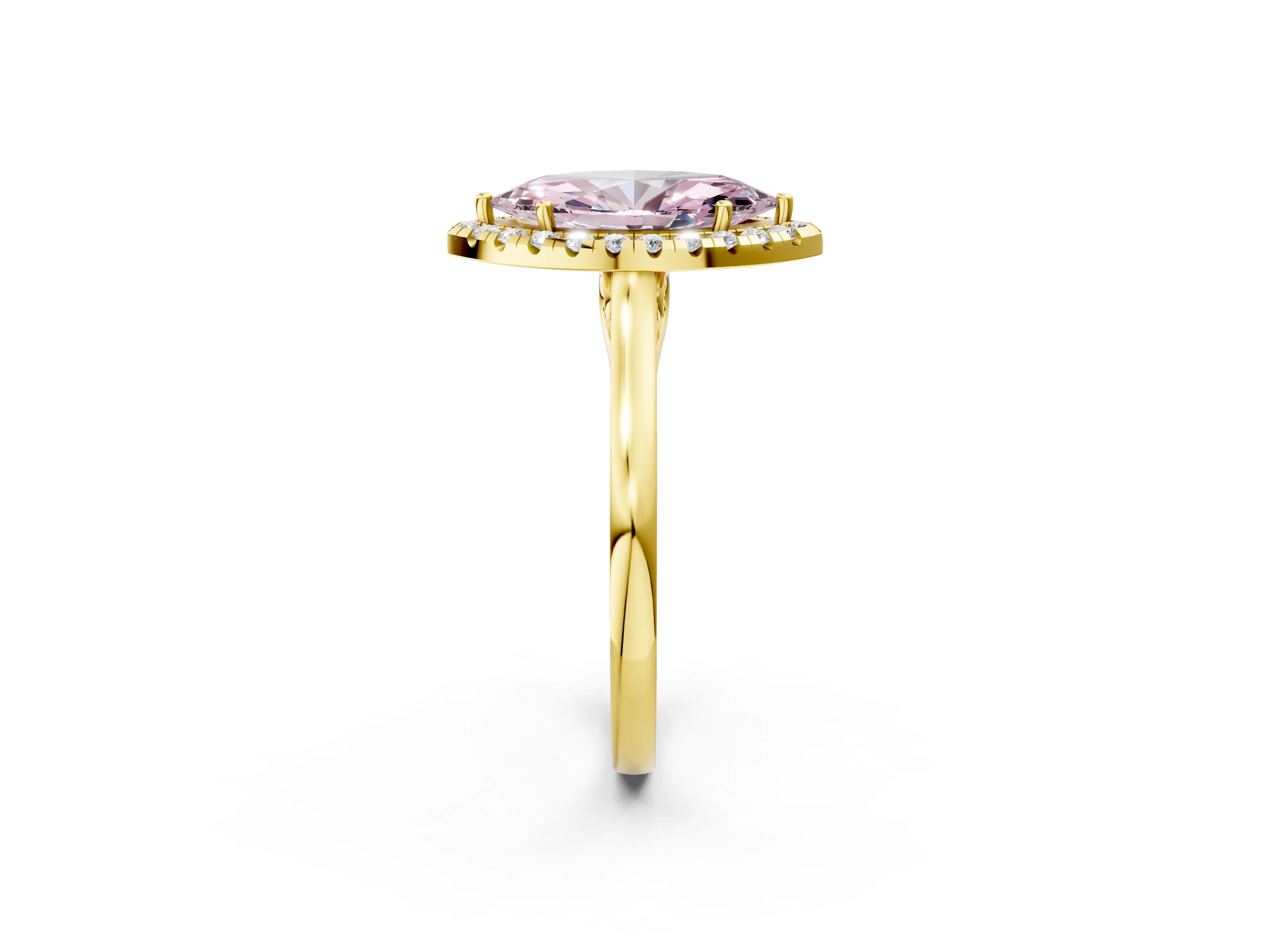 Yellow gold Fancy Pink Marquise Cut Halo Round Diamond Solitaire Ring with Pavé Band and Four-Prong Setting_2