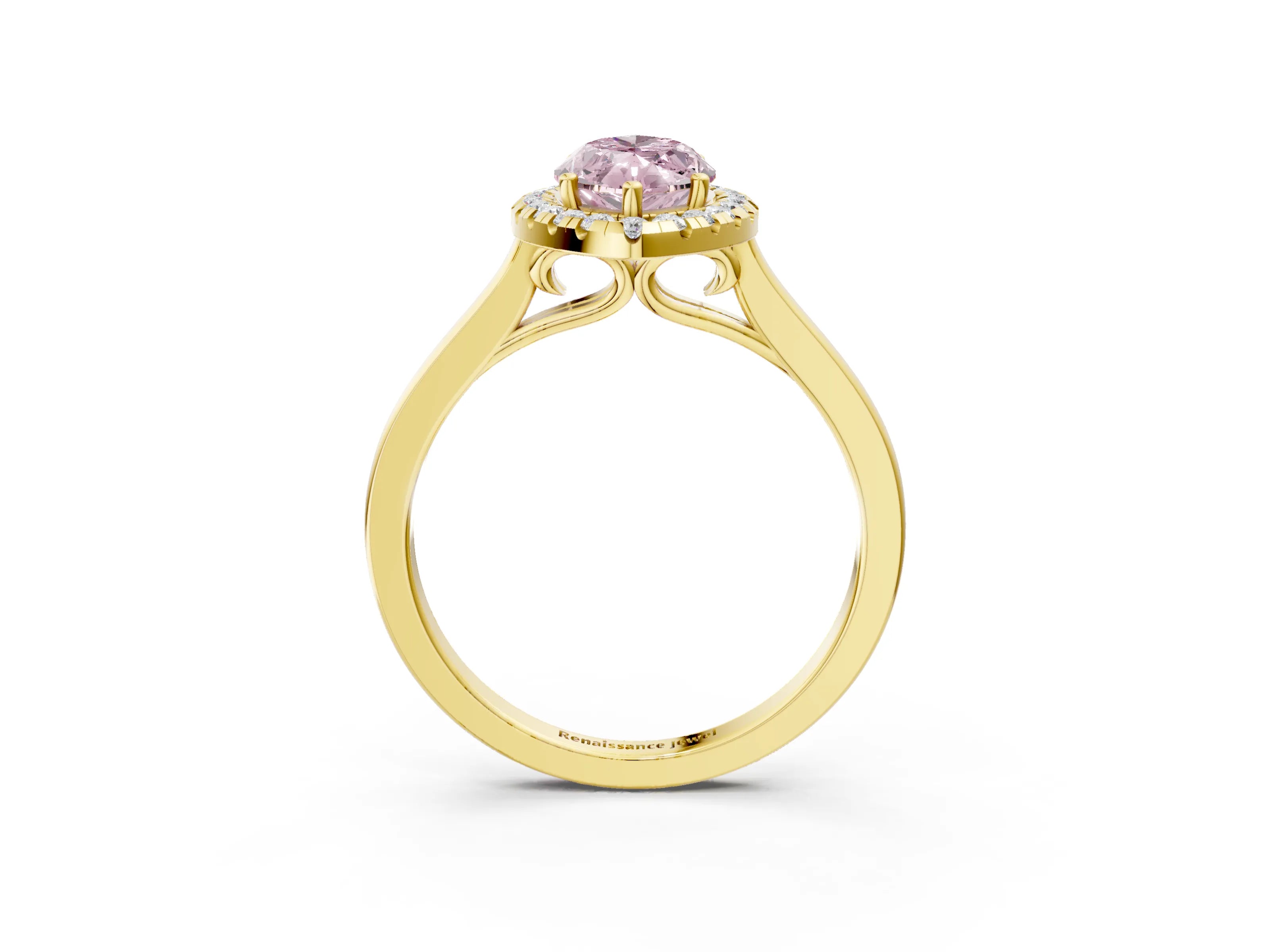 Yellow gold Fancy Pink Marquise Cut Halo Round Diamond Solitaire Ring with Pavé Band and Four-Prong Setting_3